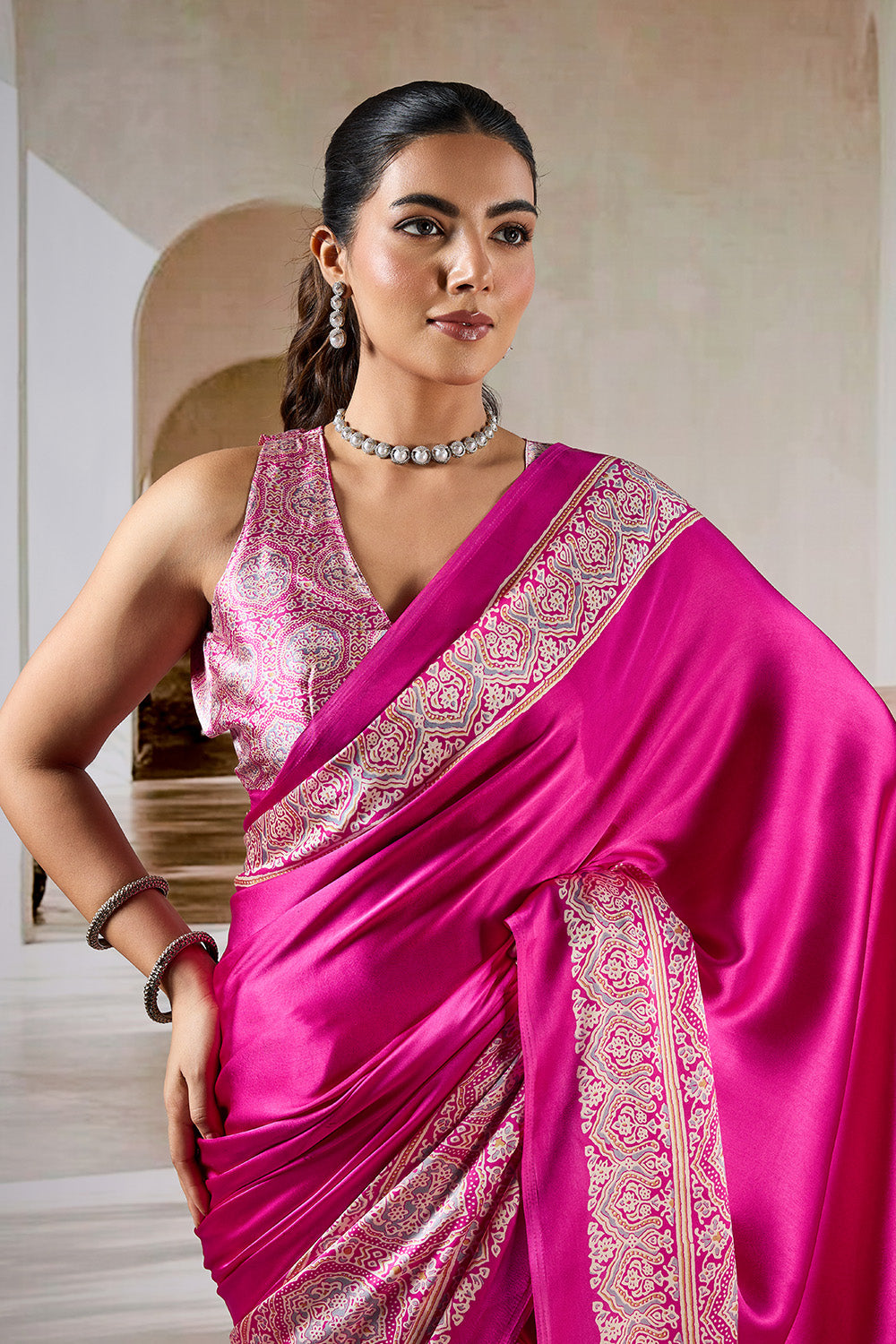 Pink Printed Ajarakh Satin Crepe Saree