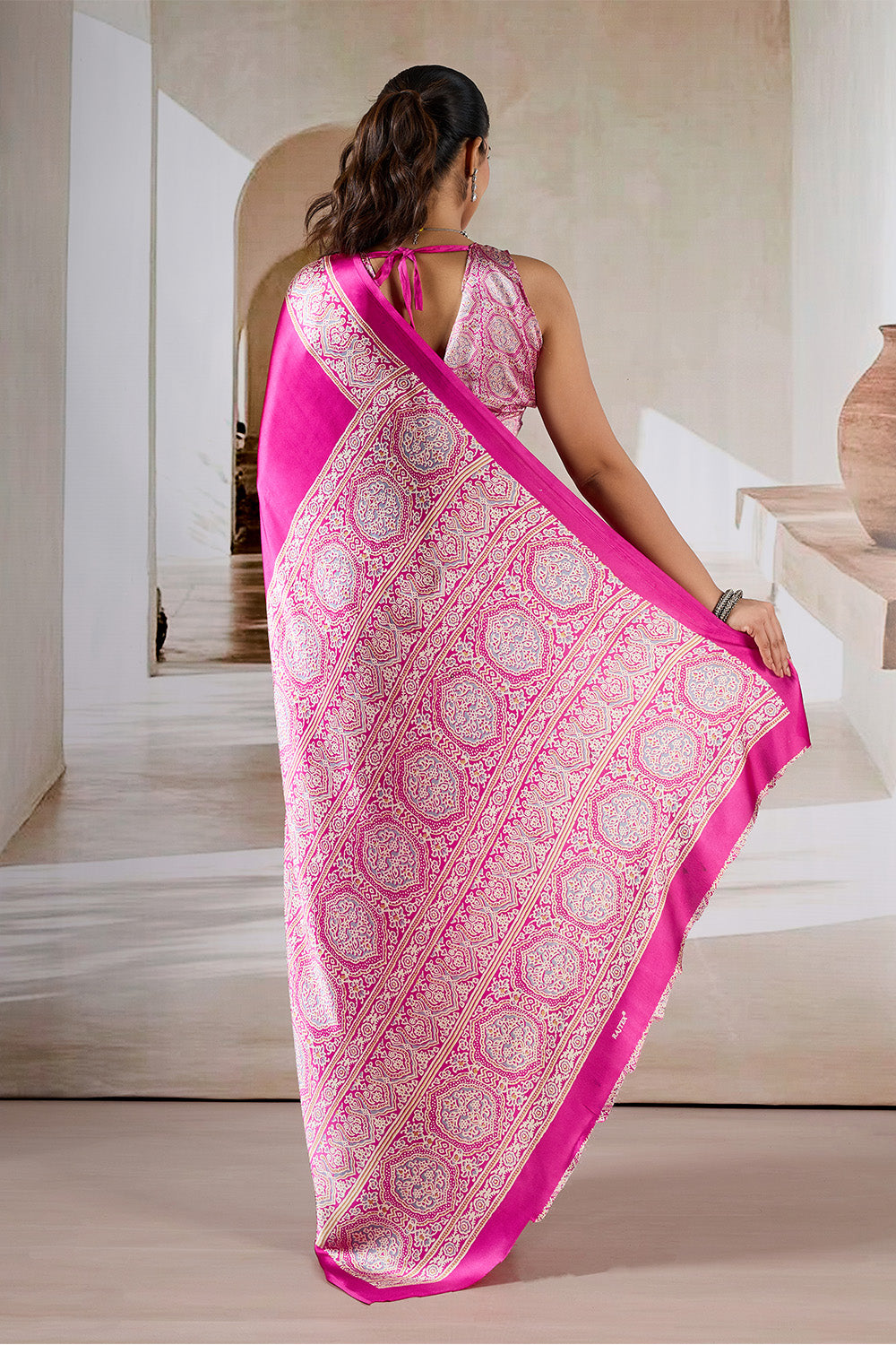 Pink Printed Ajarakh Satin Crepe Saree