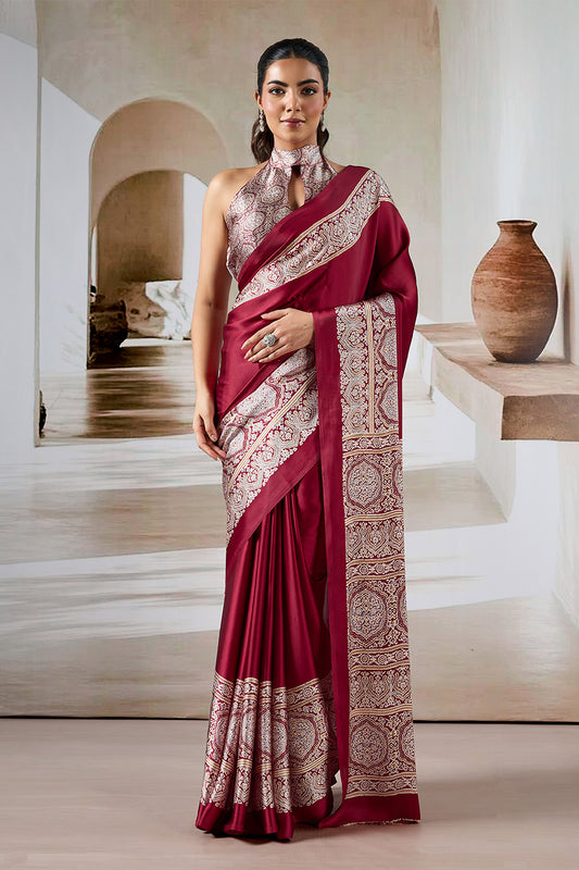 Red Printed Ajarakh Satin Crepe Saree