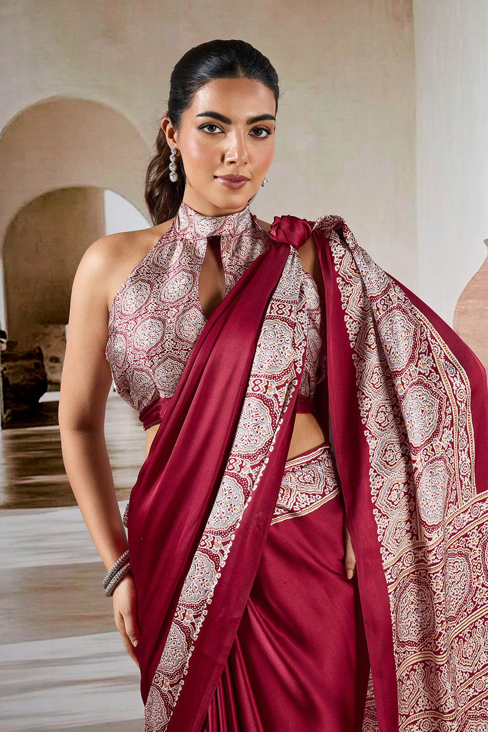 Red Printed Ajarakh Satin Crepe Saree