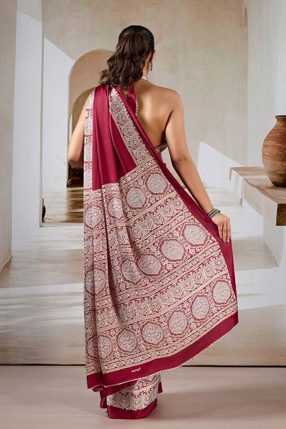 Red Printed Ajarakh Satin Crepe Saree