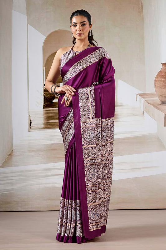 Wine Printed Ajarakh Satin Crepe Saree