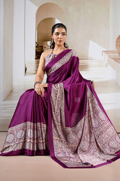 Wine Printed Ajarakh Satin Crepe Saree