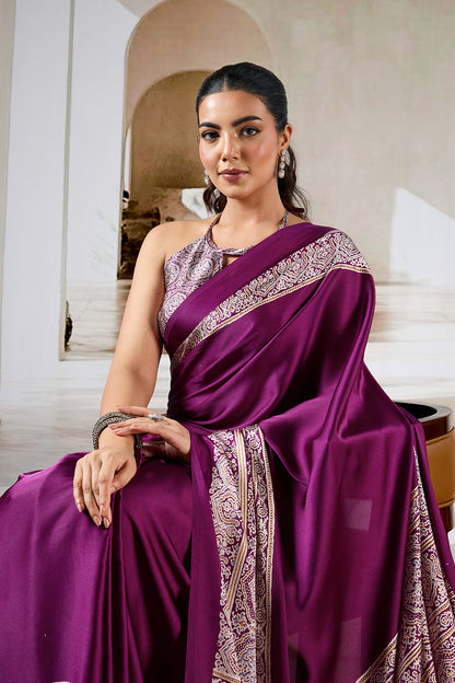 Wine Printed Ajarakh Satin Crepe Saree