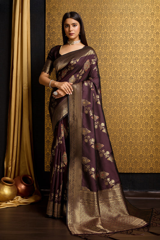 Deep Maroon Banarasi Sari with bel design