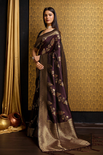 Deep Maroon Banarasi Sari with bel design