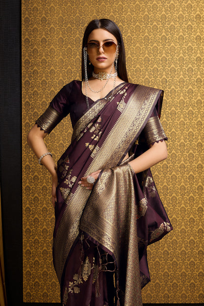 Deep Maroon Banarasi Sari with bel design