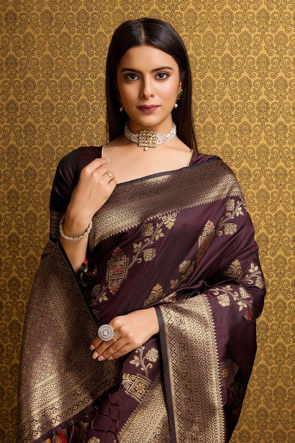 Deep Maroon Banarasi Sari with bel design