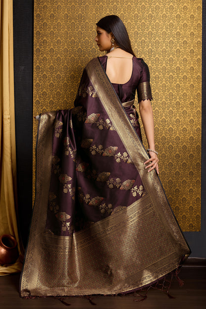 Deep Maroon Banarasi Sari with bel design