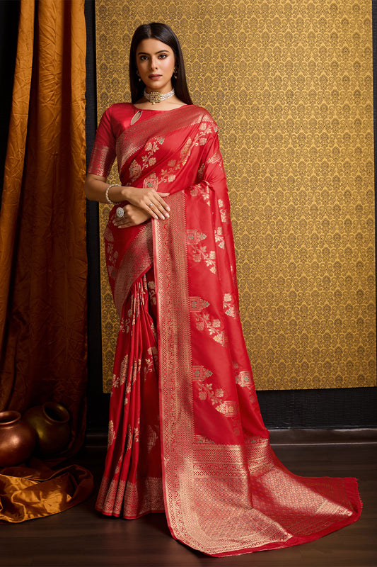 Red Banarasi Sari with floral design