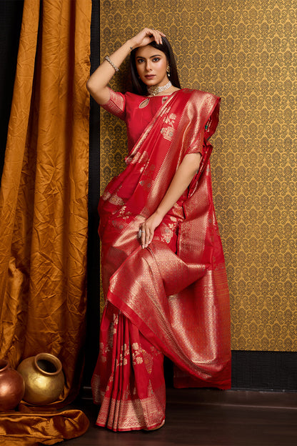 Red Banarasi Sari with floral design