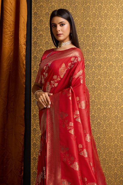 Red Banarasi Sari with floral design