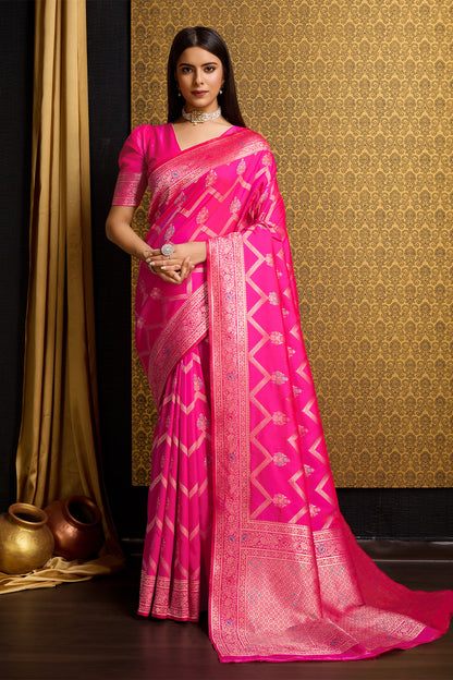 Rani Pink Banarasi saree with Leheriya Motifs