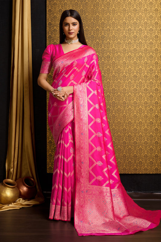 Rani Pink Banarasi saree with Leheriya Motifs