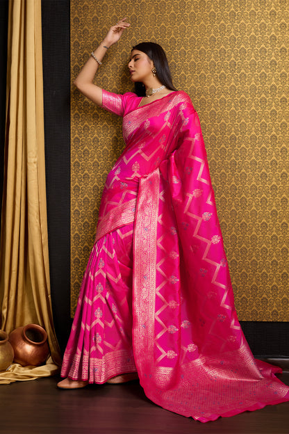 Rani Pink Banarasi saree with Leheriya Motifs