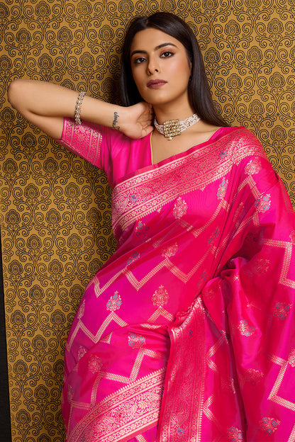 Rani Pink Banarasi saree with Leheriya Motifs