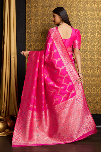 Rani Pink Banarasi saree with Leheriya Motifs