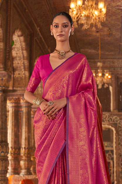 Fuchsia Heavy Banarasi Saree With Blouse