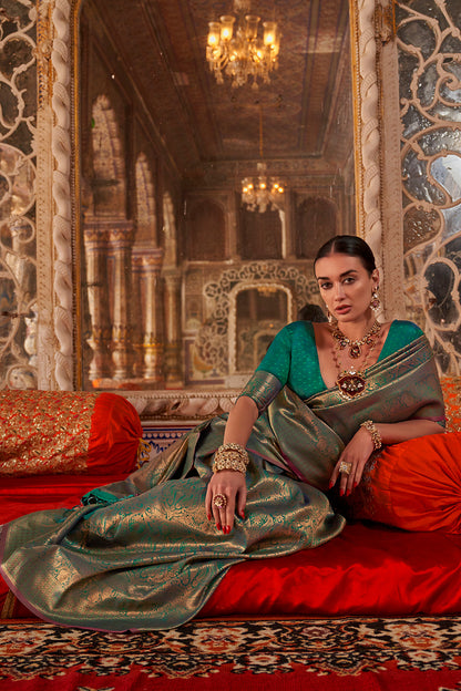 Green Heavy Banarasi Saree With Blouse