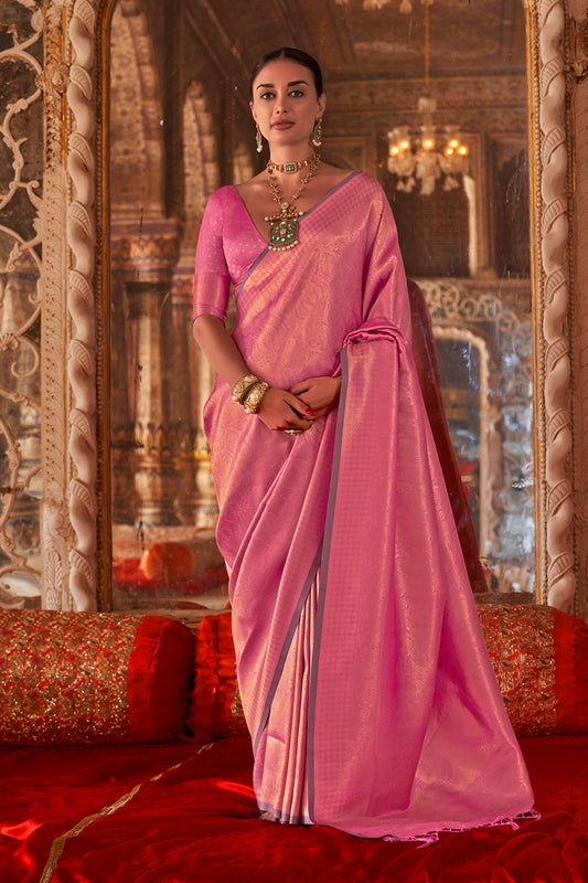 Pink Heavy Banarasi Saree With Blouse