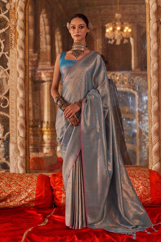 Blue Heavy Banarasi Saree With Blouse