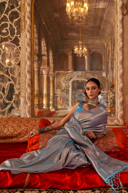 Blue Heavy Banarasi Saree With Blouse