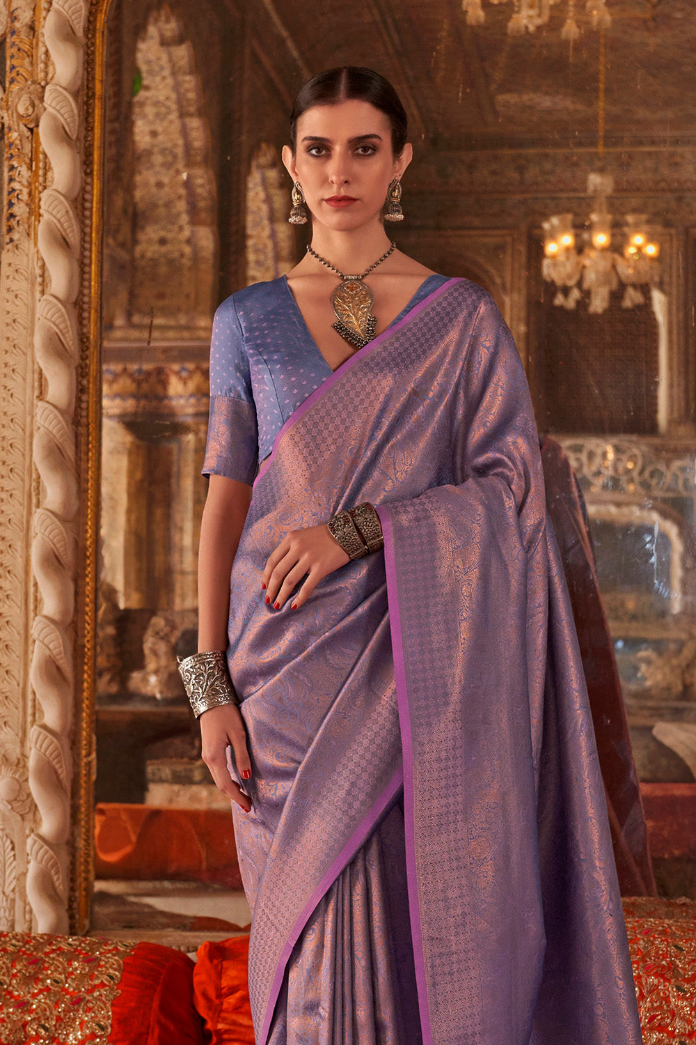 Lilac Heavy Banarasi Saree With Blouse