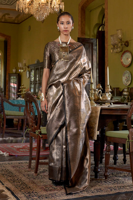 Golden Brown Dharmavaram Weaving Saree With Blouse
