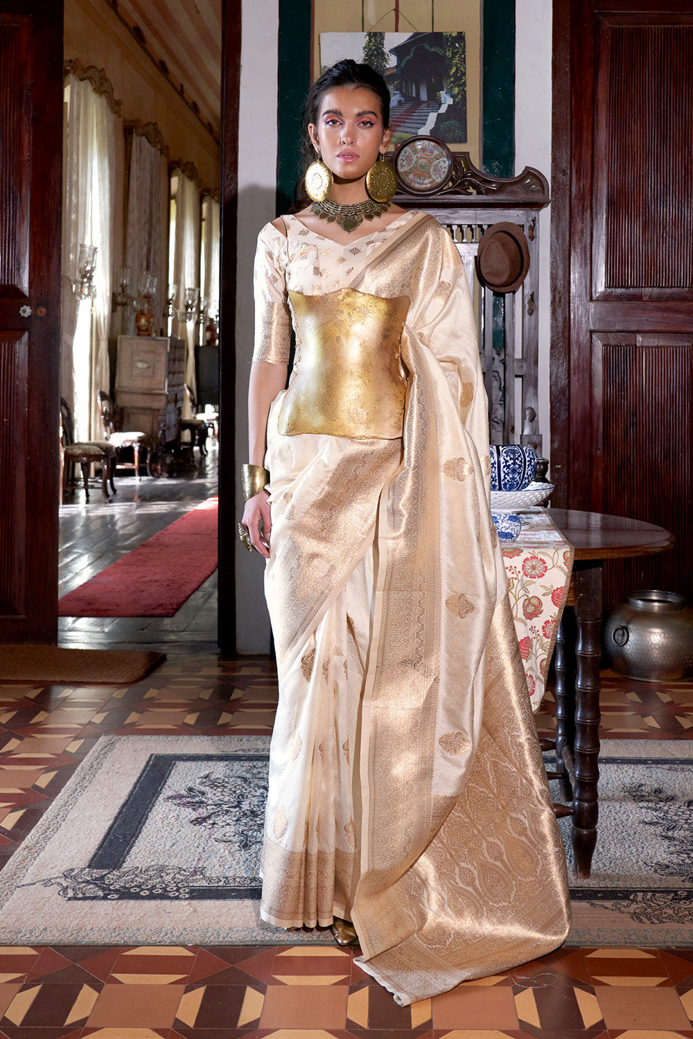 Beige Two Tone Saree With Brocade Blouse