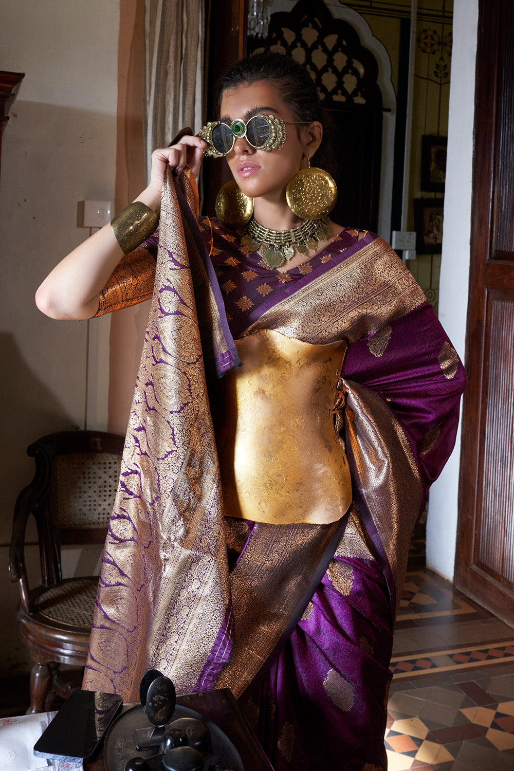 Purple Two Tone Saree With Brocade Blouse