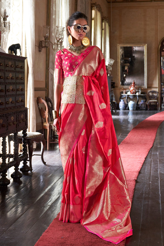 Red Two Tone Saree With Brocade Blouse
