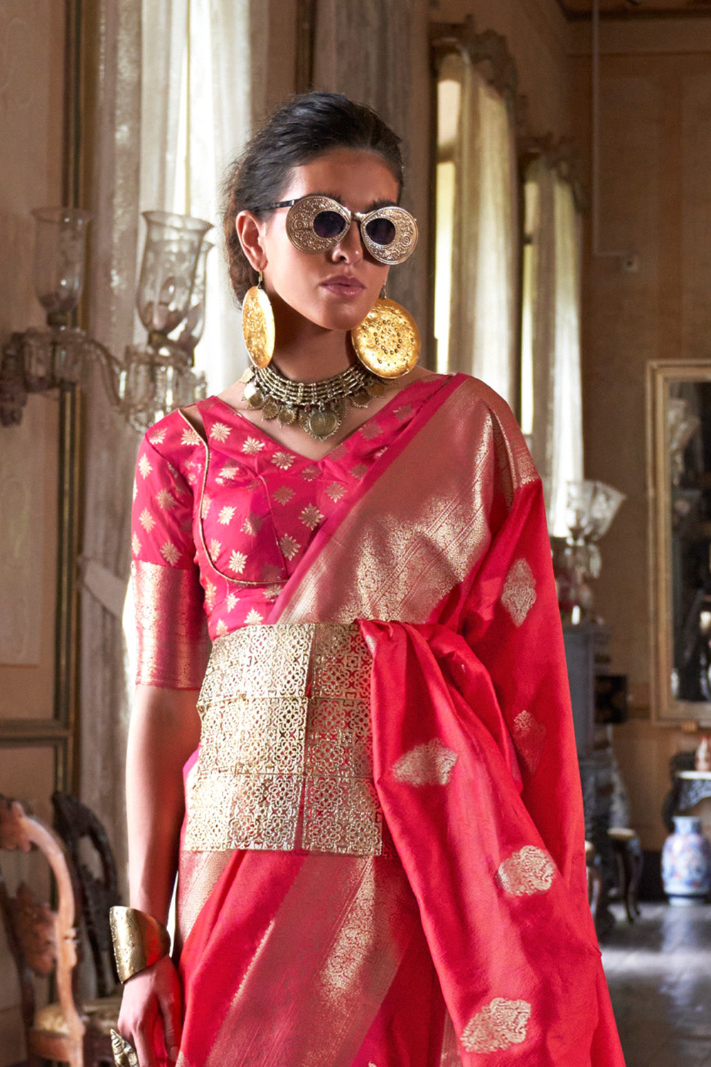 Red Two Tone Saree With Brocade Blouse