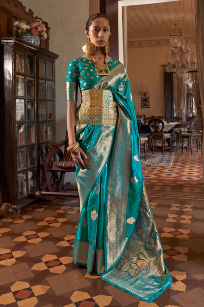 Teal Green Two Tone Saree With Brocade Blouse