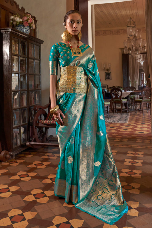 Teal Green Two Tone Saree With Brocade Blouse