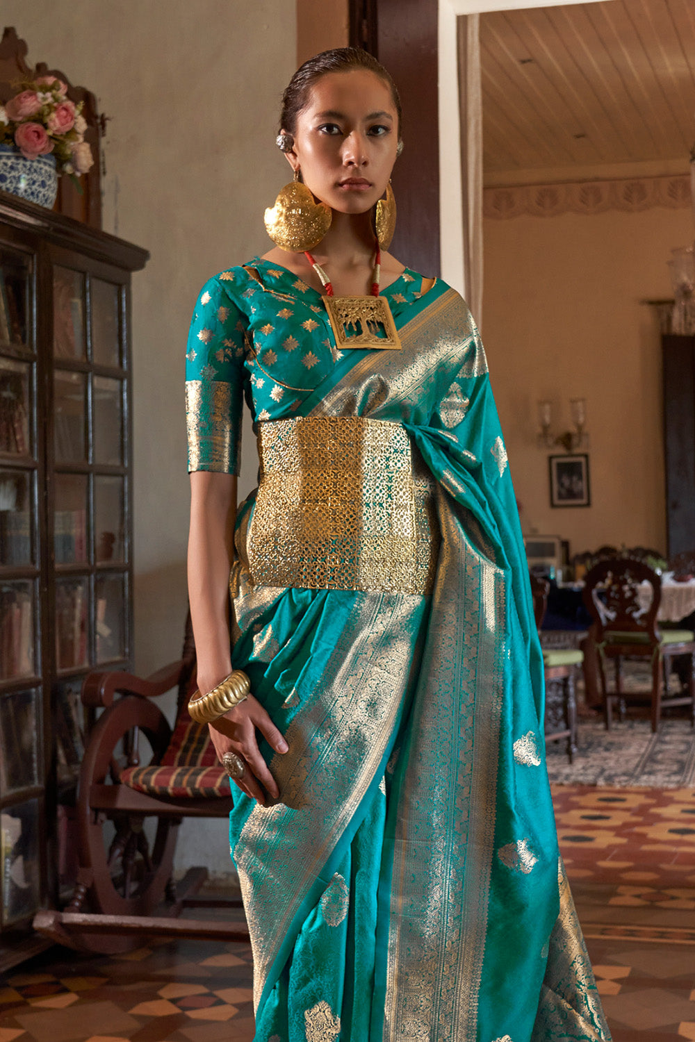 Teal Green Two Tone Saree With Brocade Blouse