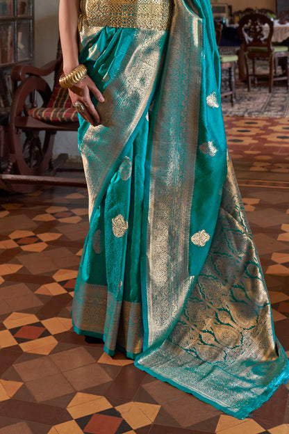 Teal Green Two Tone Saree With Brocade Blouse