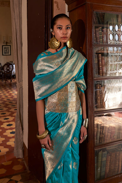Teal Green Two Tone Saree With Brocade Blouse