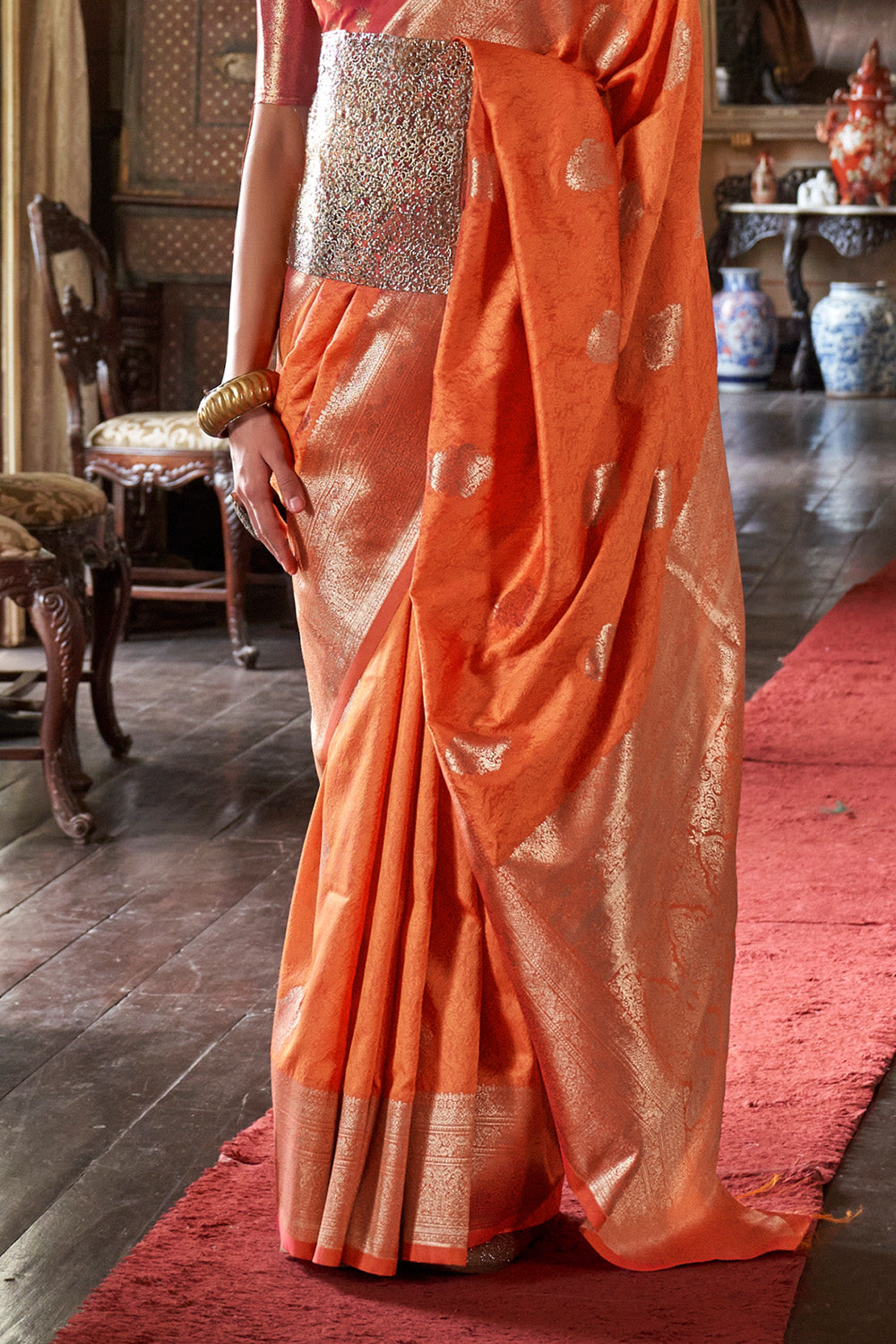 Orange Two Tone Saree With Brocade Blouse