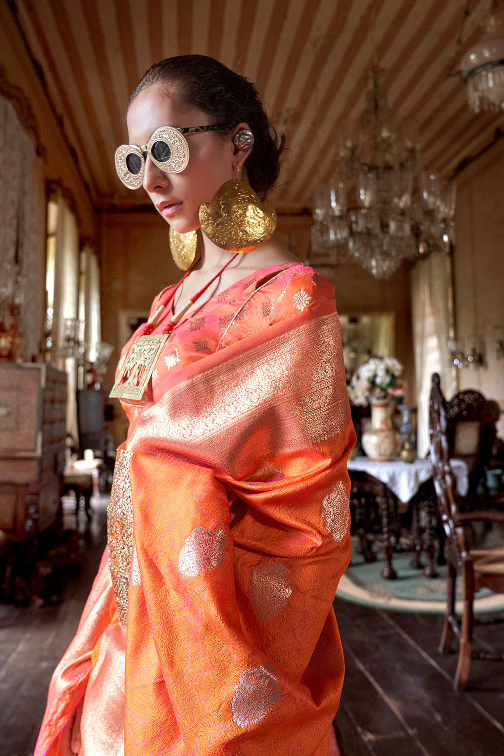 Orange Two Tone Saree With Brocade Blouse