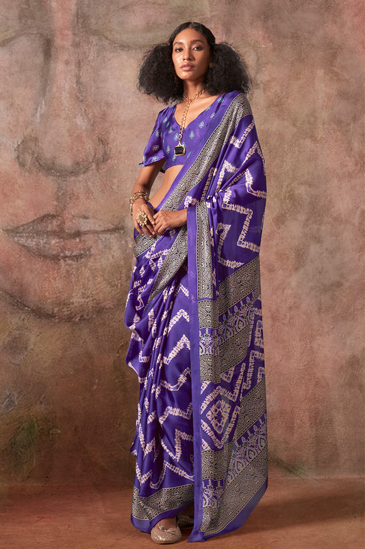 Purple Ajrakh Print Satin Georgette Saree With Blouse