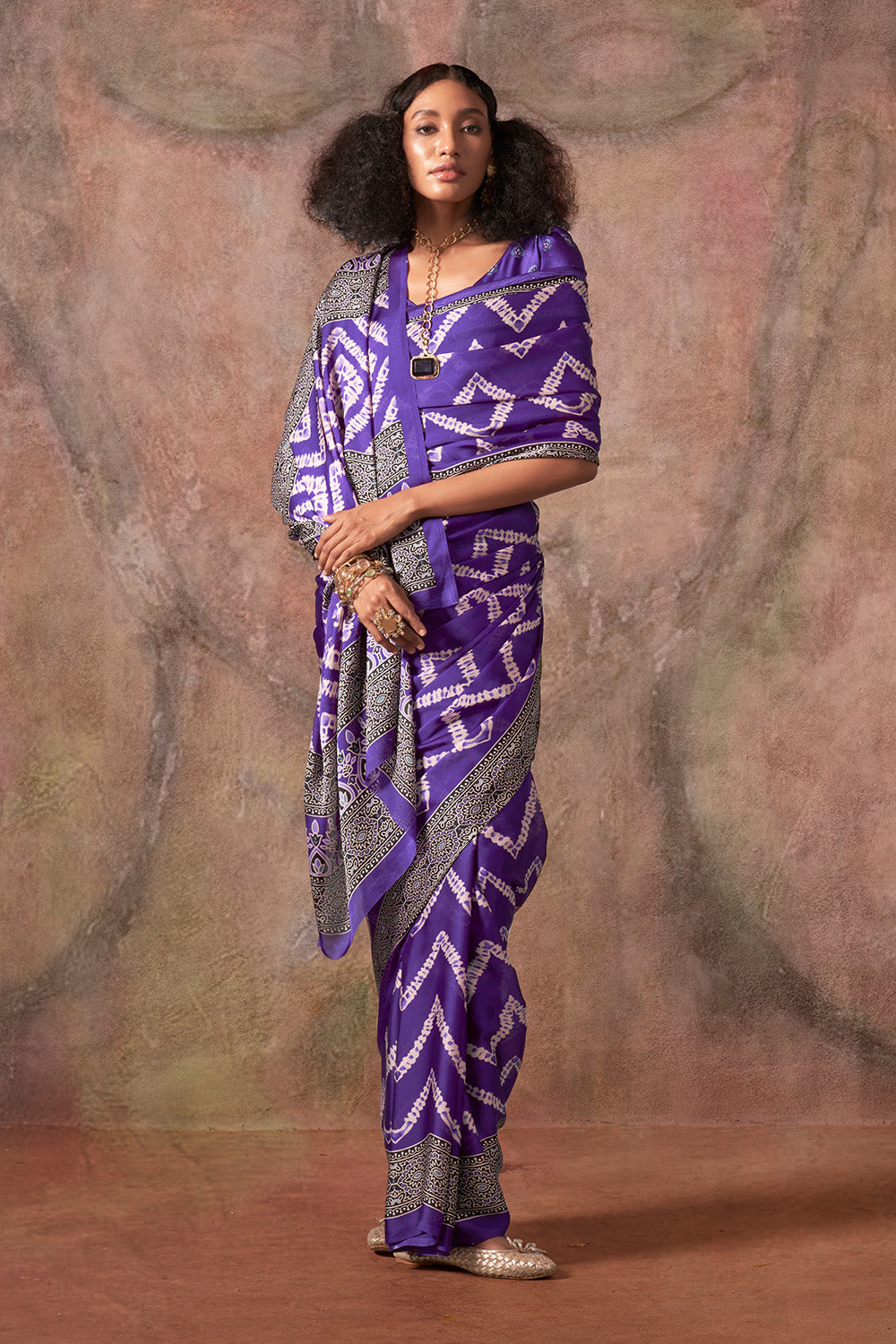 Purple Ajrakh Print Satin Georgette Saree With Blouse