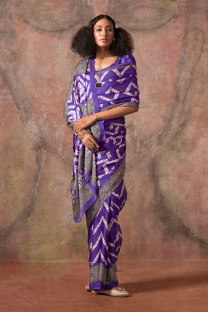 Purple Ajrakh Print Satin Georgette Saree With Blouse