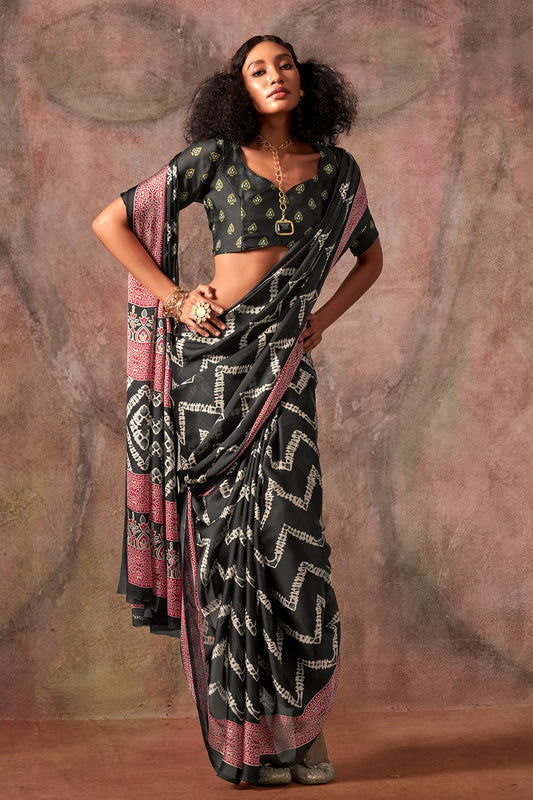 Black Ajrakh Print Satin Georgette Saree With Blouse