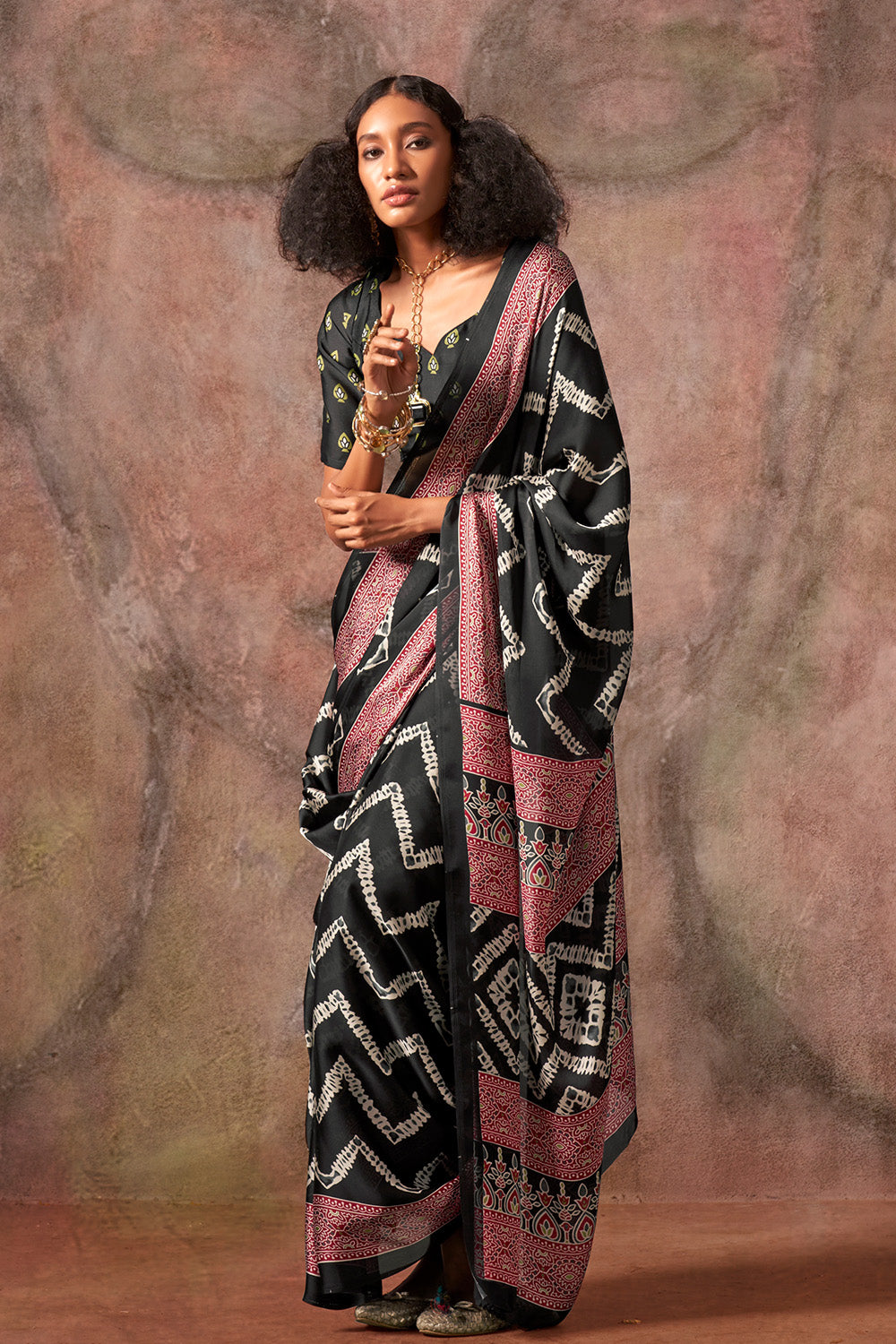 Black Ajrakh Print Satin Georgette Saree With Blouse