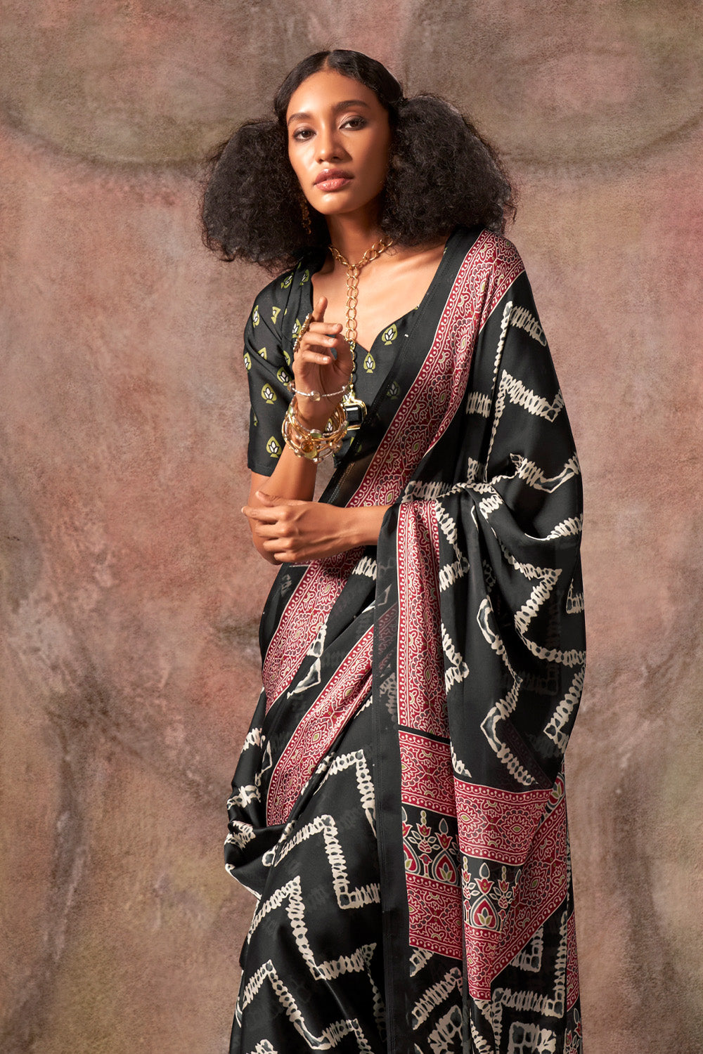 Black Ajrakh Print Satin Georgette Saree With Blouse