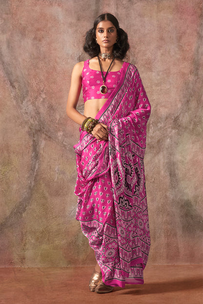 Pink Ajrakh Print Satin Georgette Saree With Blouse