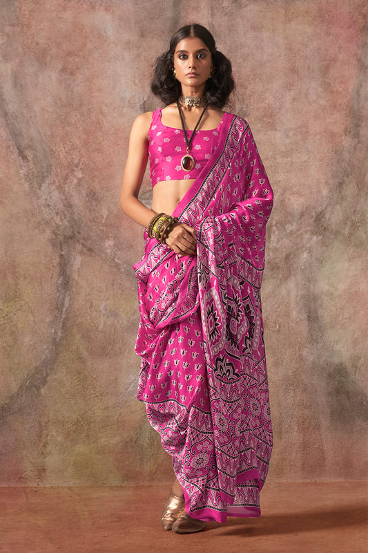 Pink Ajrakh Print Satin Georgette Saree With Blouse