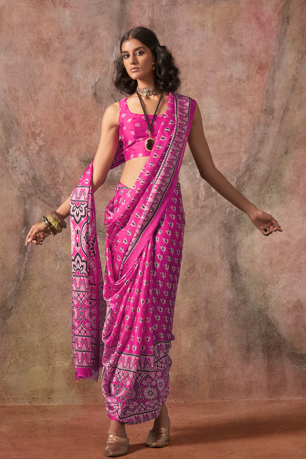 Pink Ajrakh Print Satin Georgette Saree With Blouse
