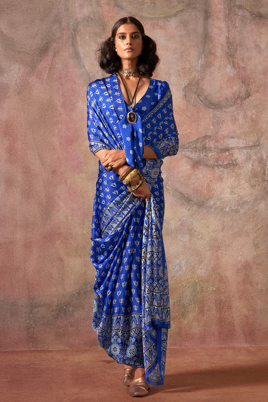 Blue Ajrakh Print Satin Georgette Saree With Blouse