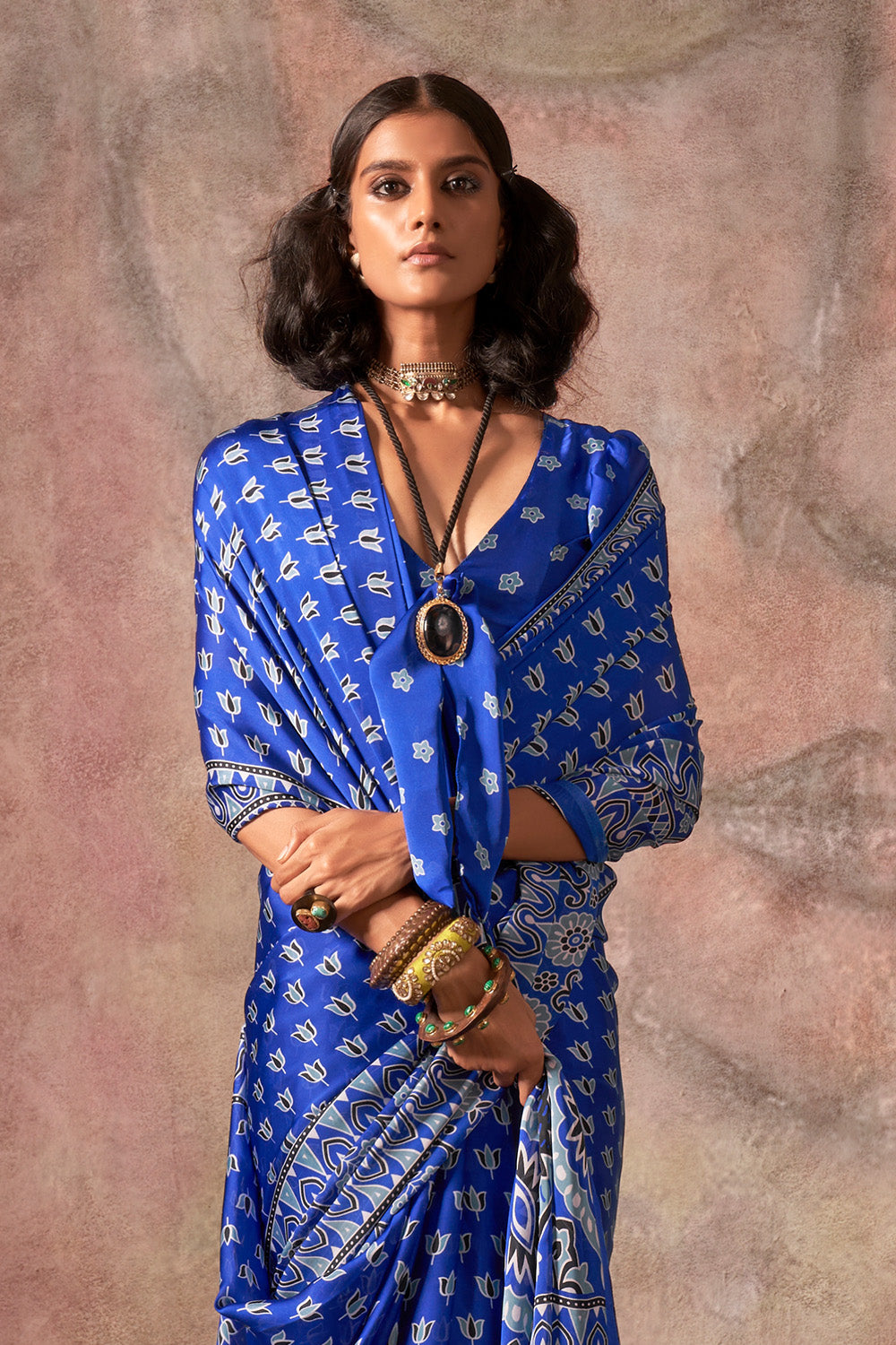 Blue Ajrakh Print Satin Georgette Saree With Blouse